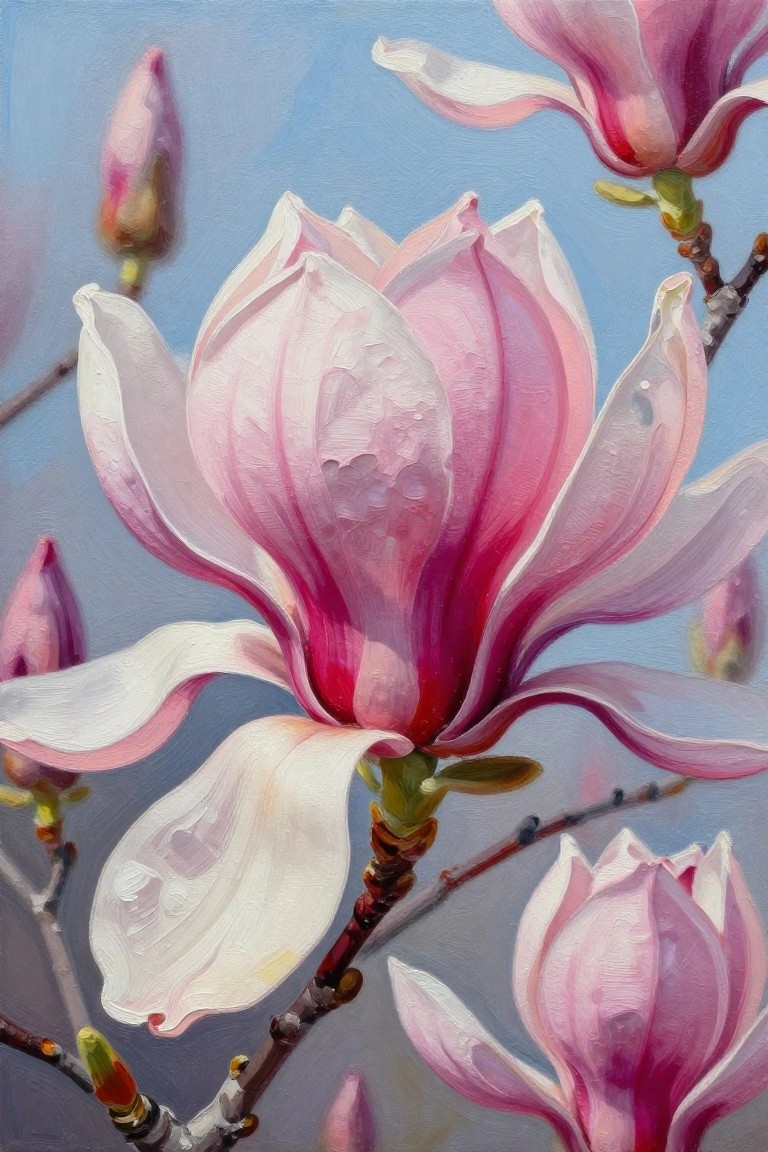 Pink and white magnolia blossoms on branches against blue sky, oil painting.
