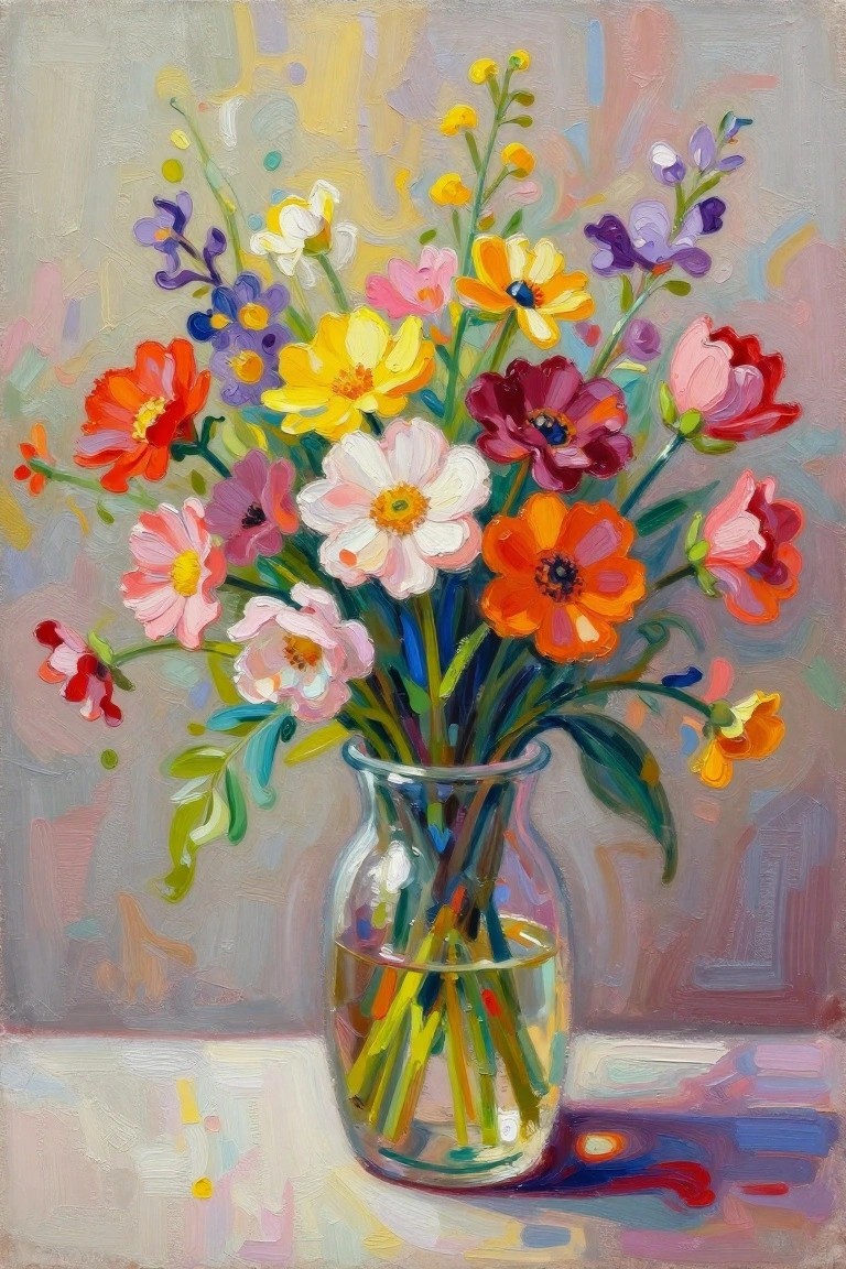 Vibrant colorful flowers in a glass vase, impressionist painting with bold brushstrokes
