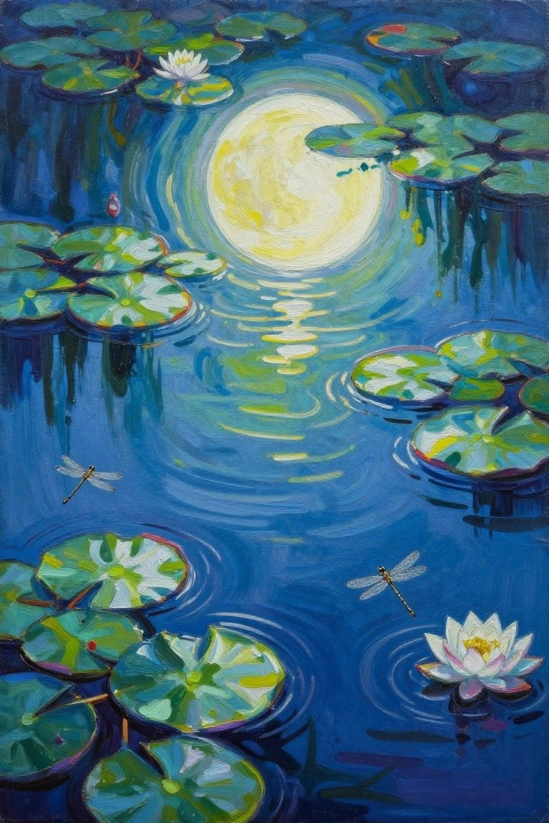 Swirling blue pond under full moon with lily pads, flowers, and dragonflies