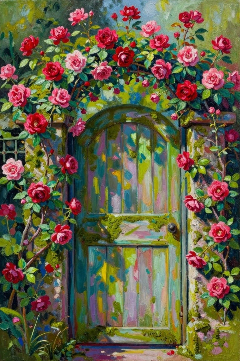 A colorful painting of a weathered blue-green arched door covered in red and pink roses.