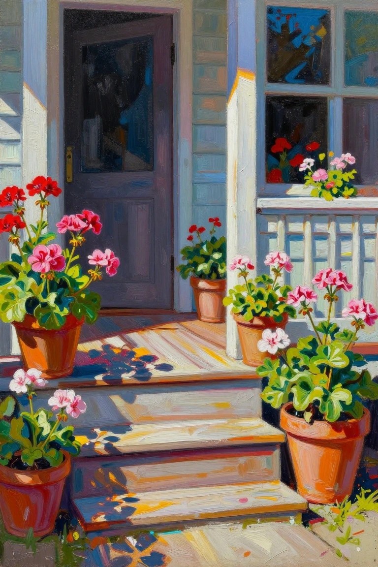 Sunlit wooden steps with colorful potted geraniums by a purple door