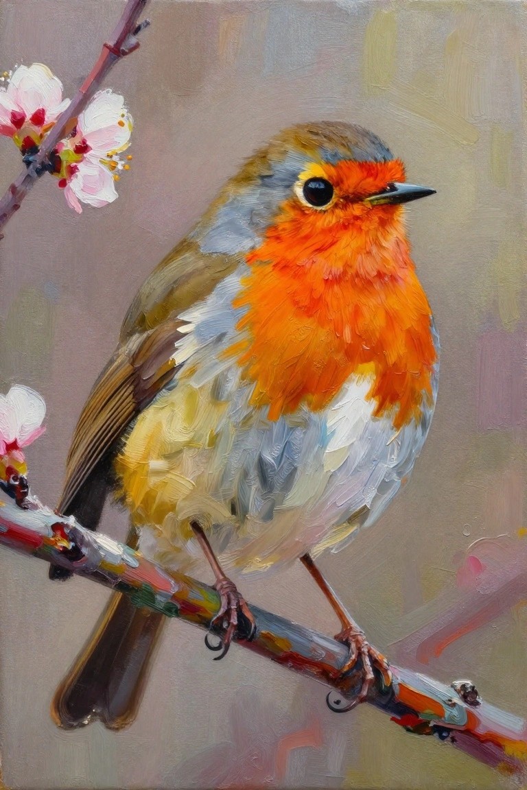Vivid oil painting of a robin with bright orange breast on a branch