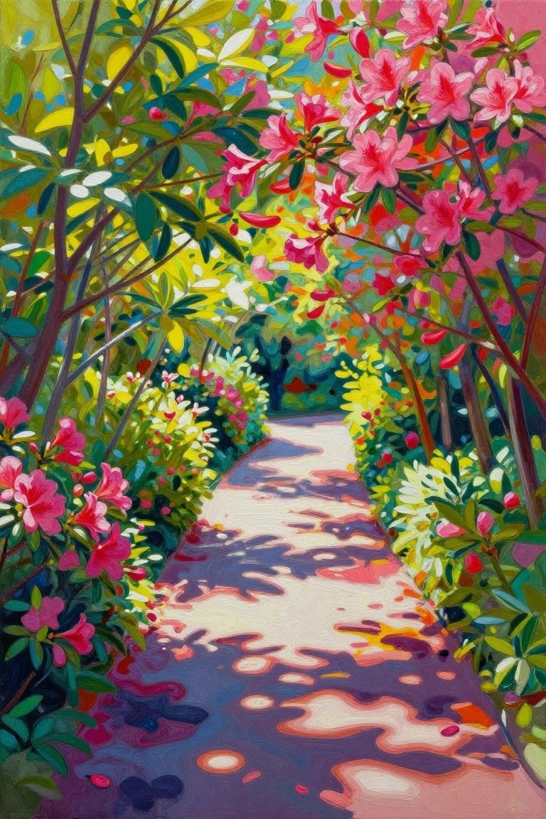 A colorful painting of a sunlit path through pink flowering bushes with green leaves overhead.