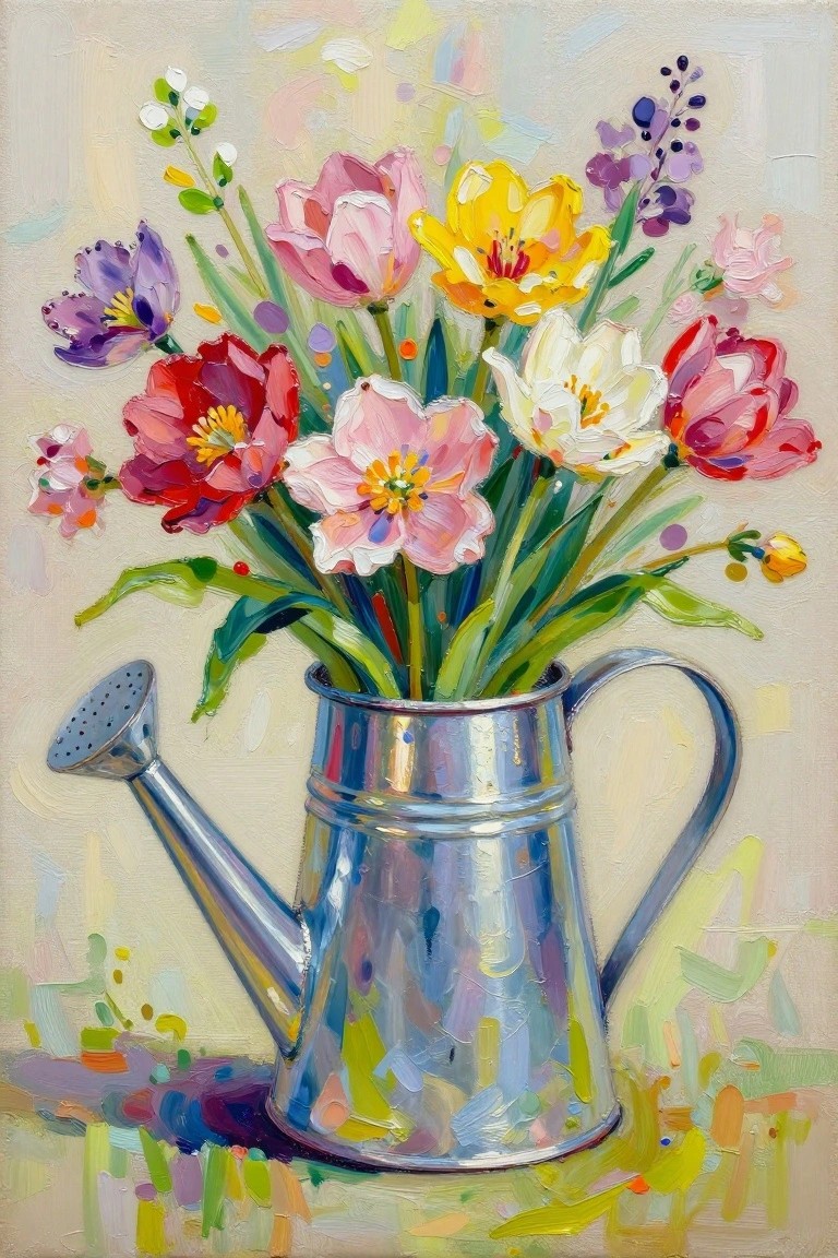 Impressionist still life of colorful flowers in a shiny metal watering can.