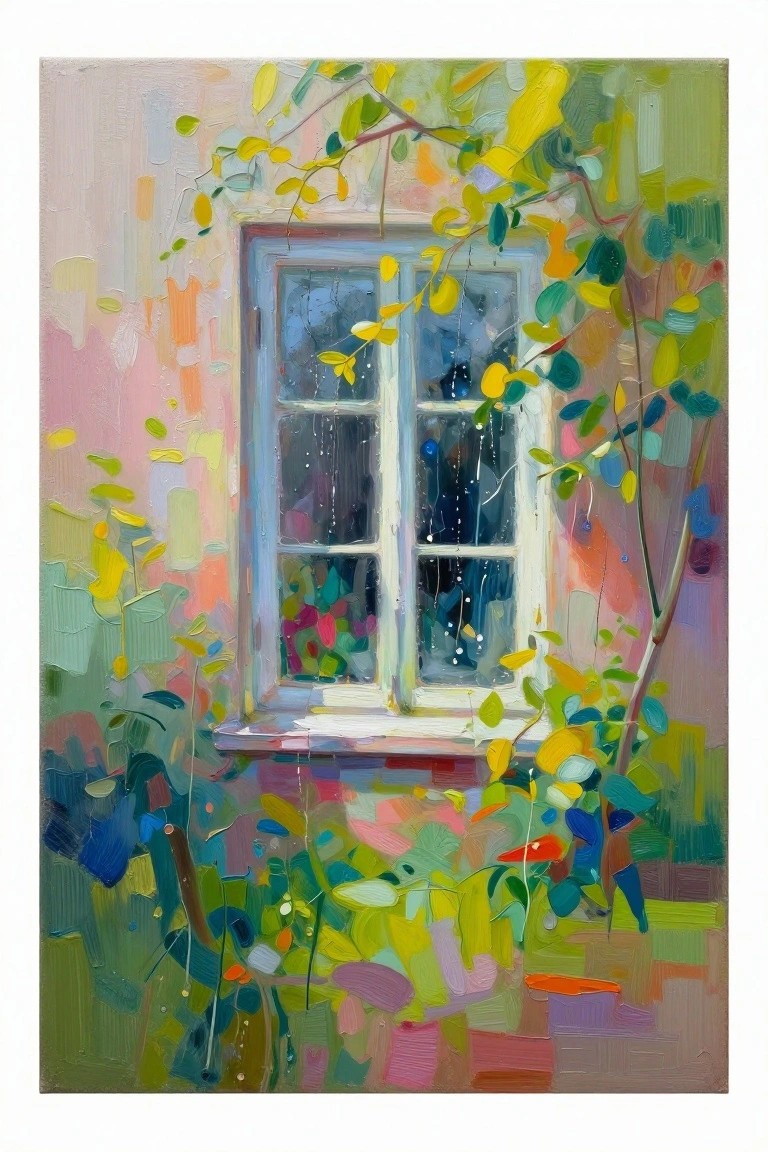 Vibrant painting of white window amid lush green, yellow, and pink foliage.