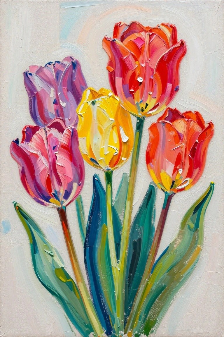 Vibrant impasto painting of multicolored tulips with green stems and leaves.