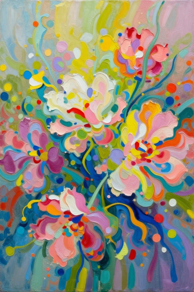 Vibrant abstract painting of multicolored flowers with swirling stems and paint splatters.