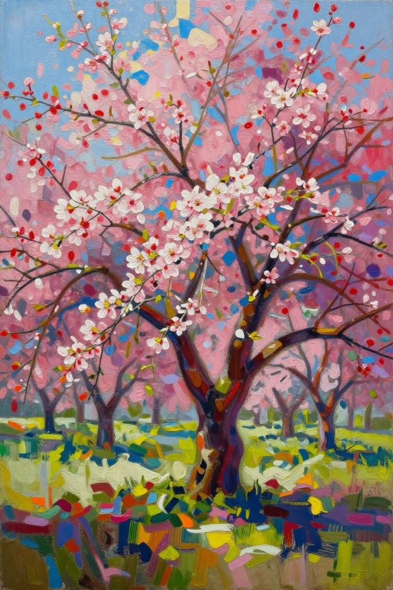 Vibrant painting of blooming tree with pink blossoms amid colorful landscape