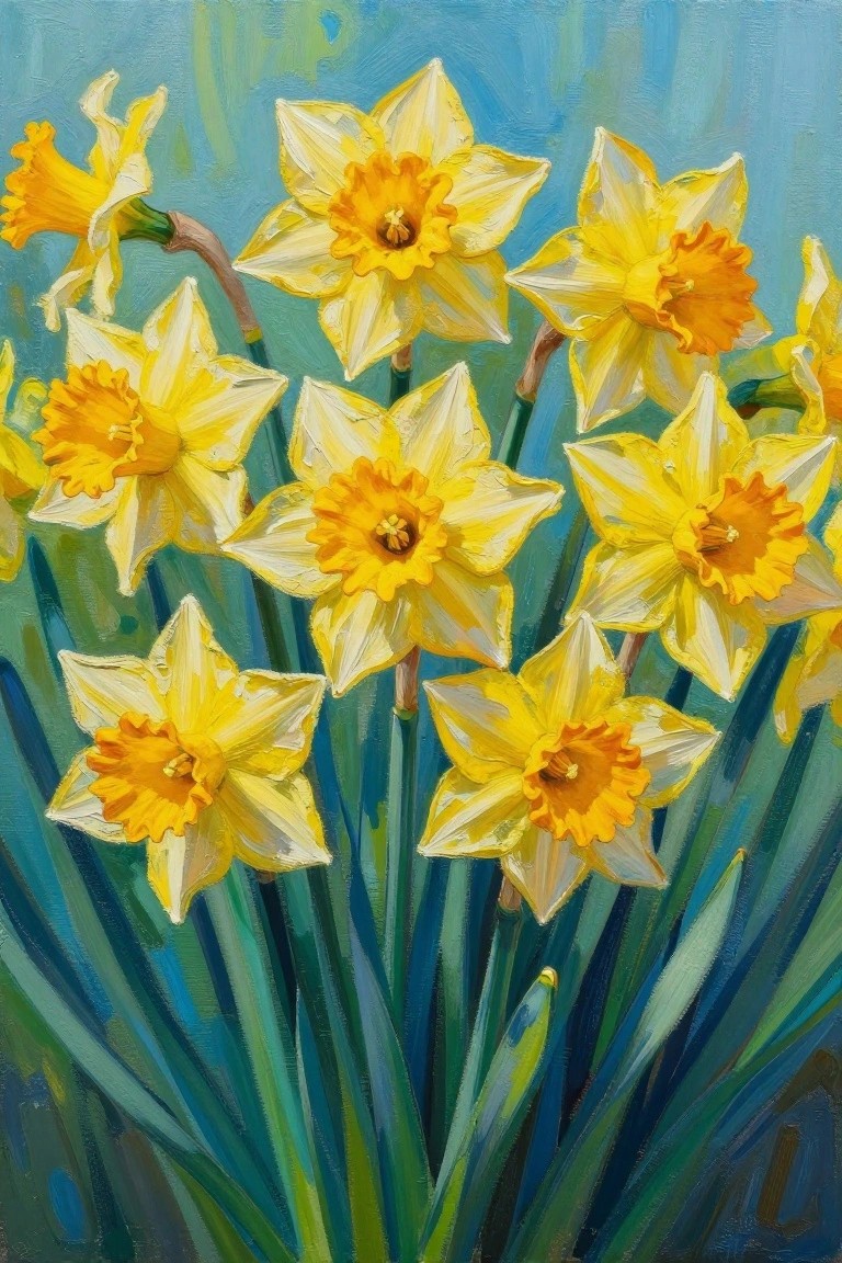 Vivid yellow daffodils with orange centers amid green leaves on blue background