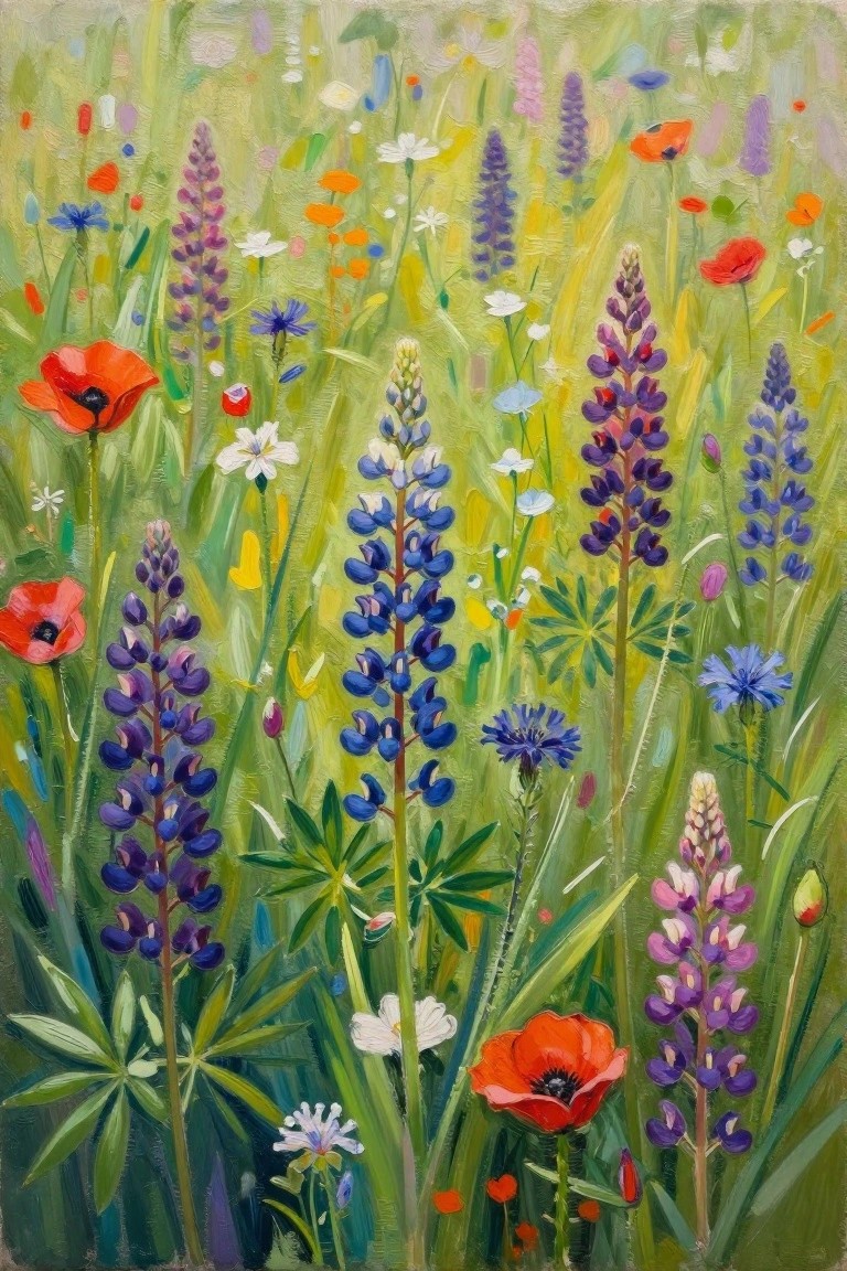 A colorful painting of a wildflower meadow filled with red poppies, purple lupines, blue cornflowers, and scattered small blooms on green stems.