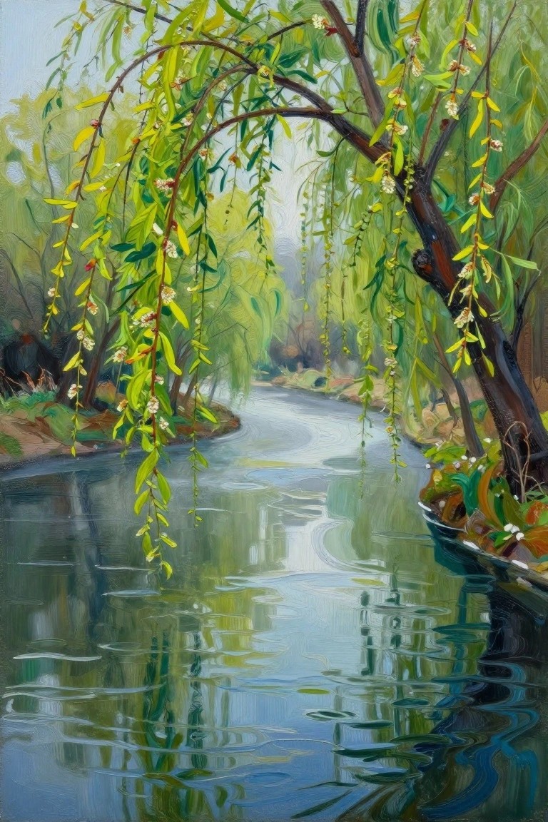 Weeping willows with green leaves overhang a reflective winding river in a painting
