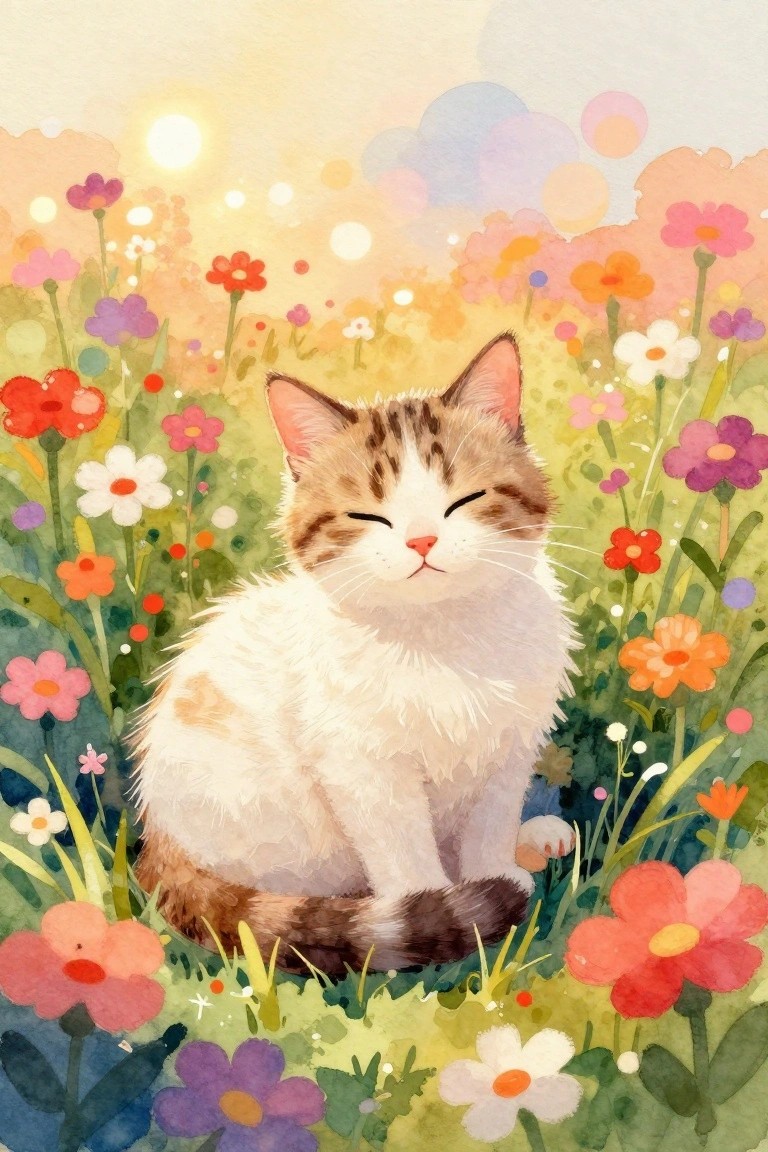A fluffy cat with closed eyes sits in tall grass surrounded by colorful flowers under a bright sky.