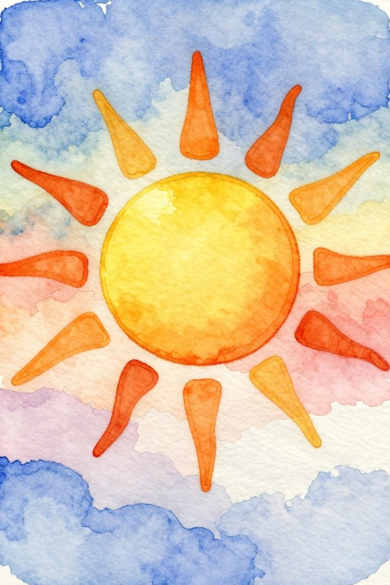 Watercolor sun with orange rays glowing in a cloudy blue and pink sky.