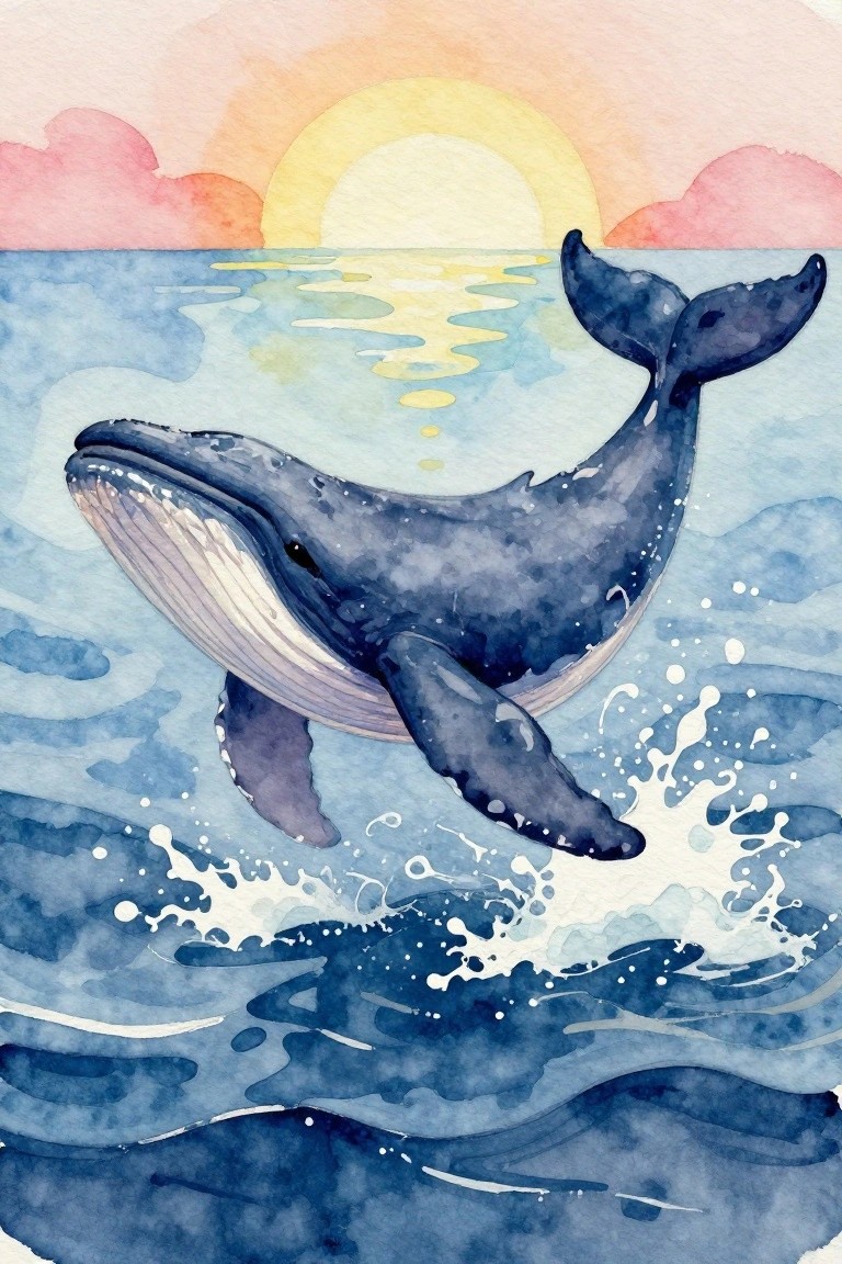 Watercolor painting of a blue whale breaching ocean waves under a sunset sun.
