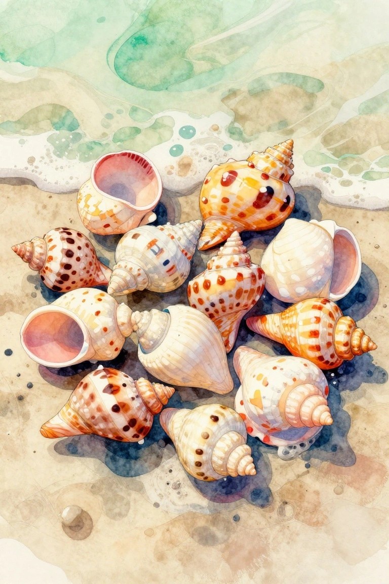 Watercolor painting of spotted seashells piled on sandy beach near ocean waves.