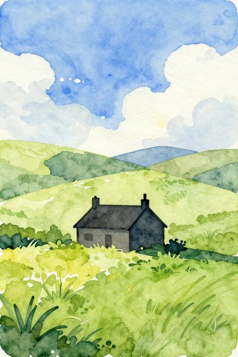 Watercolor of a small dark cottage amid rolling green hills under a blue sky.