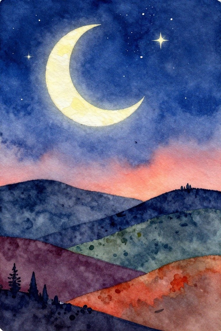 Watercolor crescent moon glowing above colorful layered hills under starry night sky.