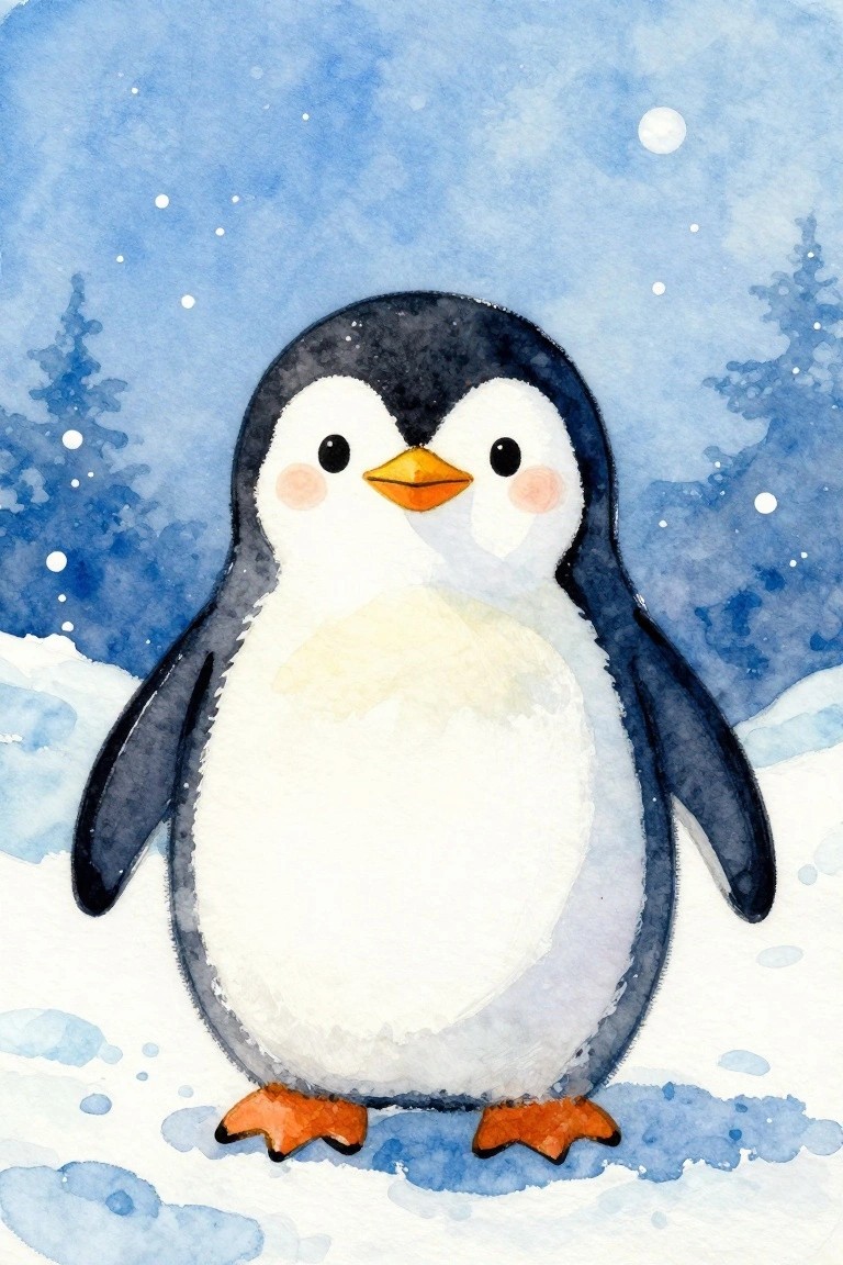 Cute watercolor penguin with pink cheeks standing in snowy blue landscape with trees