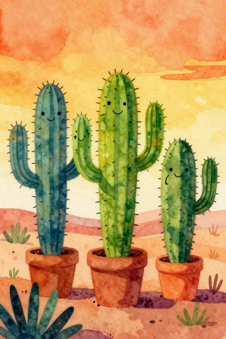 Watercolor painting of four smiling cacti in brown pots set against an orange and yellow sunset sky with desert ground.