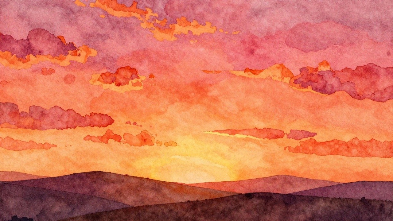 A watercolor painting of a sunset over rolling hills with orange and pink clouds in the sky.