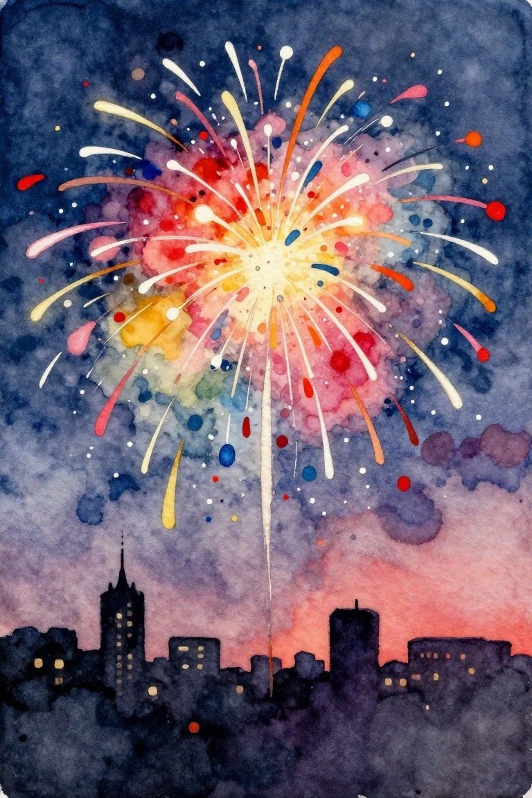 Vibrant fireworks burst in watercolor over a dark city skyline at night