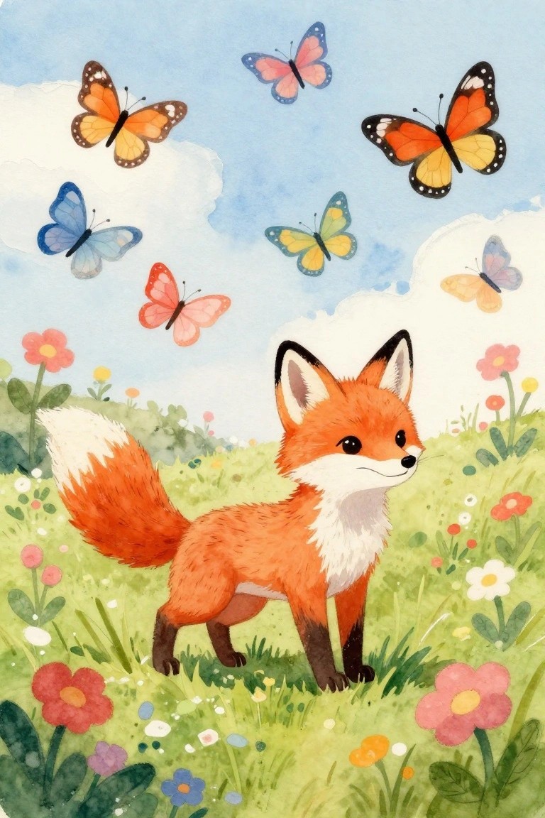 A watercolor painting of an orange fox standing in a green field with pink flowers, surrounded by colorful butterflies under a blue sky with clouds.