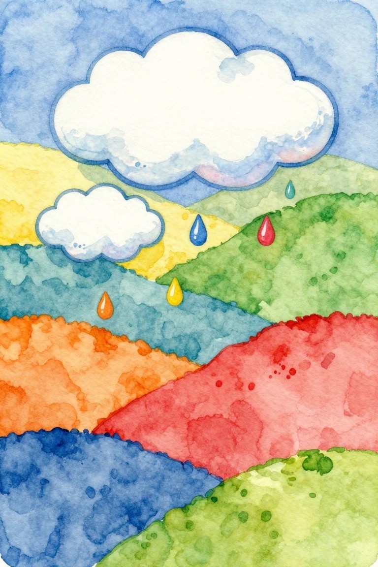 A watercolor painting shows layered hills in blue, orange, red, green, and yellow with colorful raindrops falling from white clouds in a blue sky.