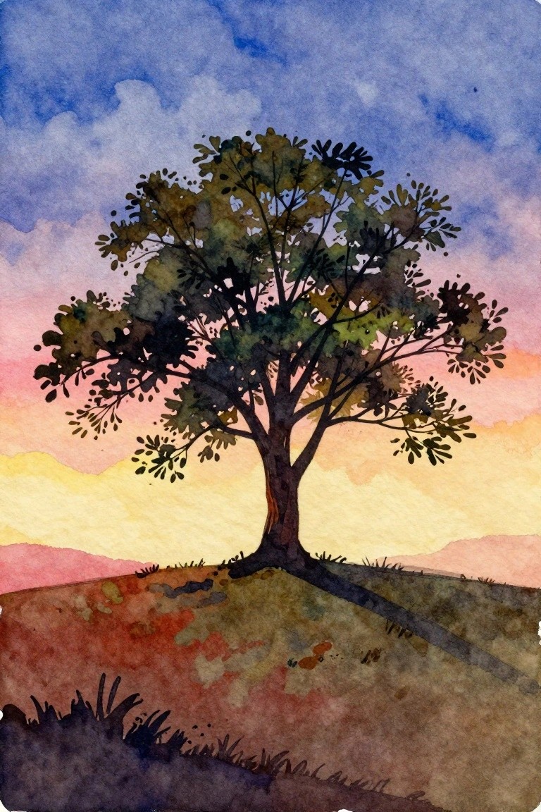 Watercolor painting of a lone tree on a hill under a vibrant sunset sky