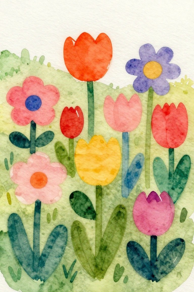 Watercolor painting of colorful tulips, daisies, and green foliage on a light background.
