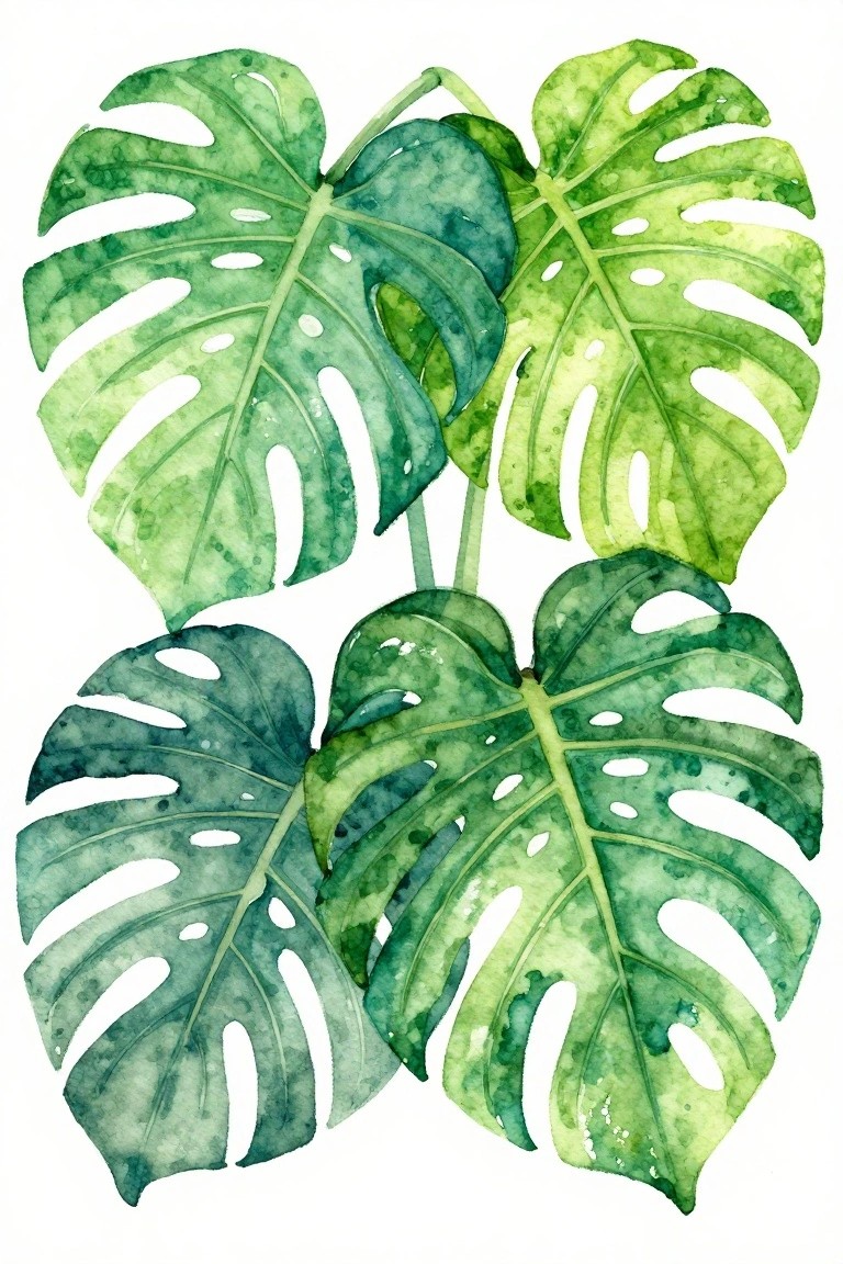 Watercolor Monstera leaves in shades of green with fenestrations and holes.