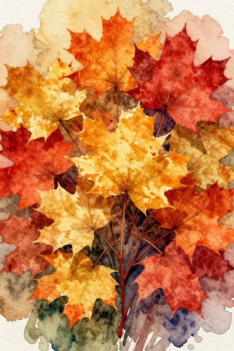 Vibrant watercolor maple leaves in autumn hues of red, orange, and yellow.