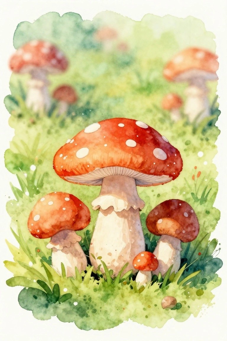 Watercolor of large red-capped mushrooms with white spots in lush green grass
