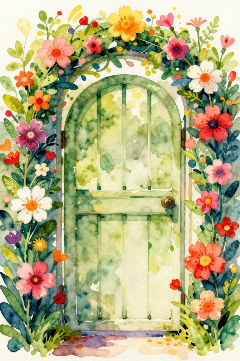 Watercolor of arched green door framed by vibrant colorful flowers and foliage