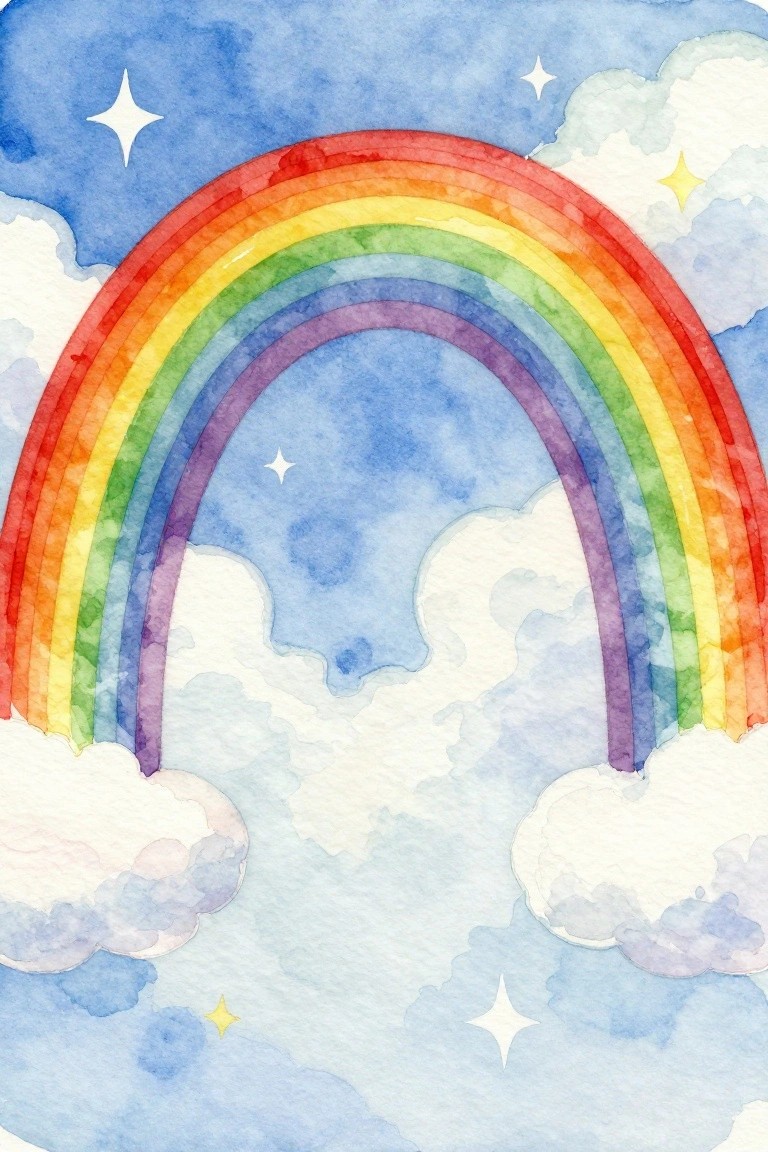 Vibrant watercolor rainbow arches across starry blue sky with white clouds