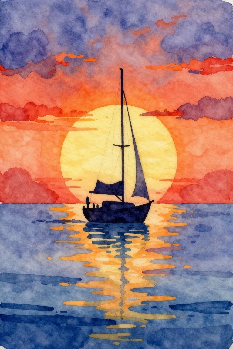 Silhouetted sailboat against large yellow sun with red-purple clouds over reflective water