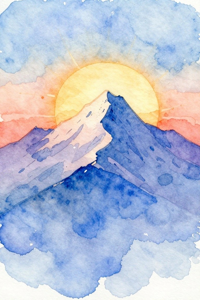 Watercolor painting of blue mountains against a glowing yellow sun at sunset.