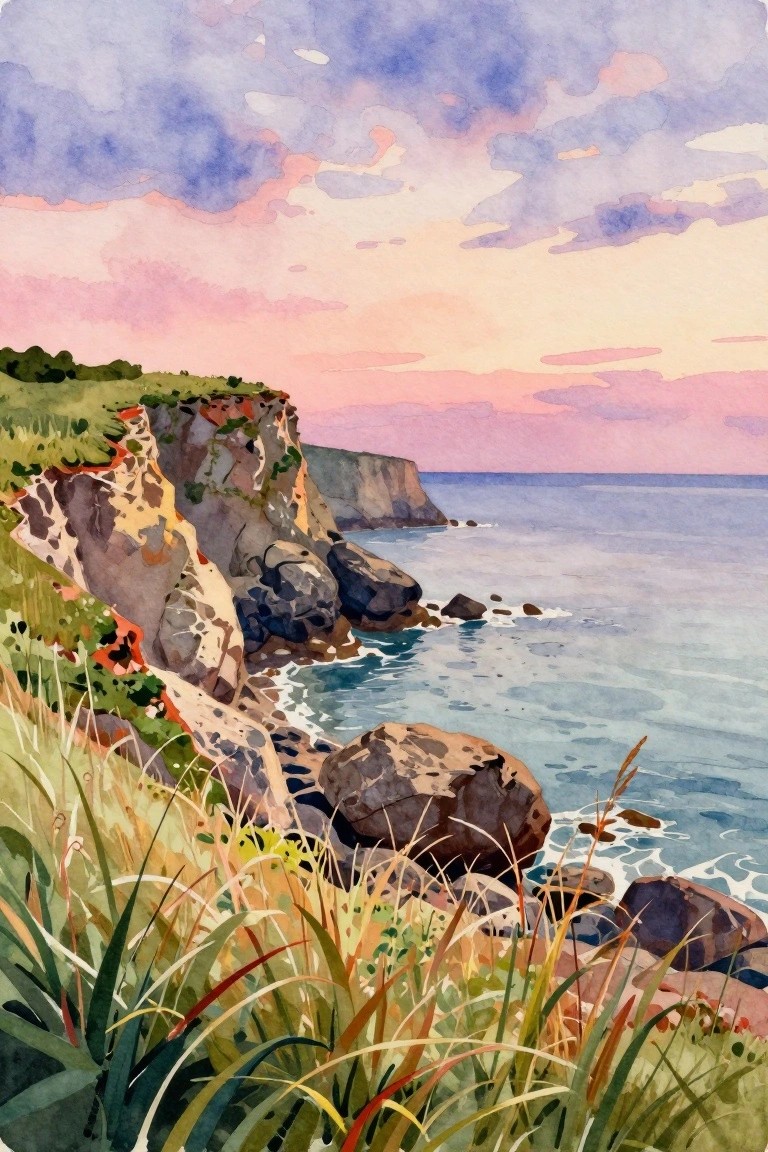 Watercolor seascape of rocky cliffs, ocean waves, and pink-purple sunset sky with grass.