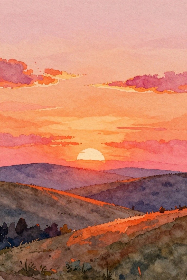 A watercolor painting of a sunset over rolling hills with orange and pink clouds in the sky.