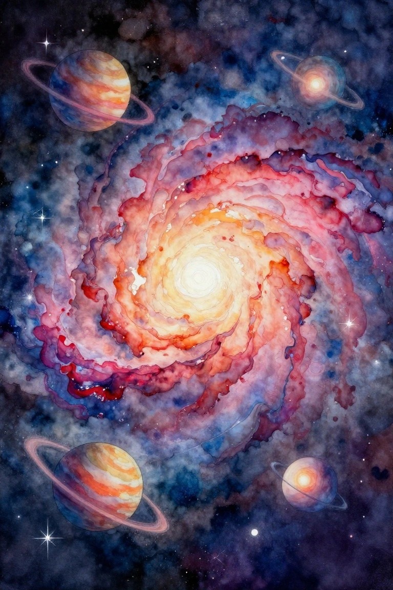 A watercolor-style painting shows a bright spiral galaxy in red, orange, and blue tones with four ringed planets placed around it against a dark starry background.