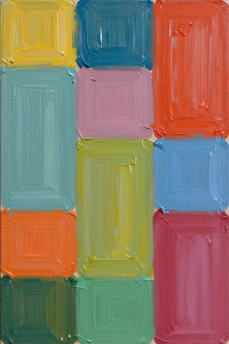 Abstract painting of vibrant textured rectangles in a loose colorful grid