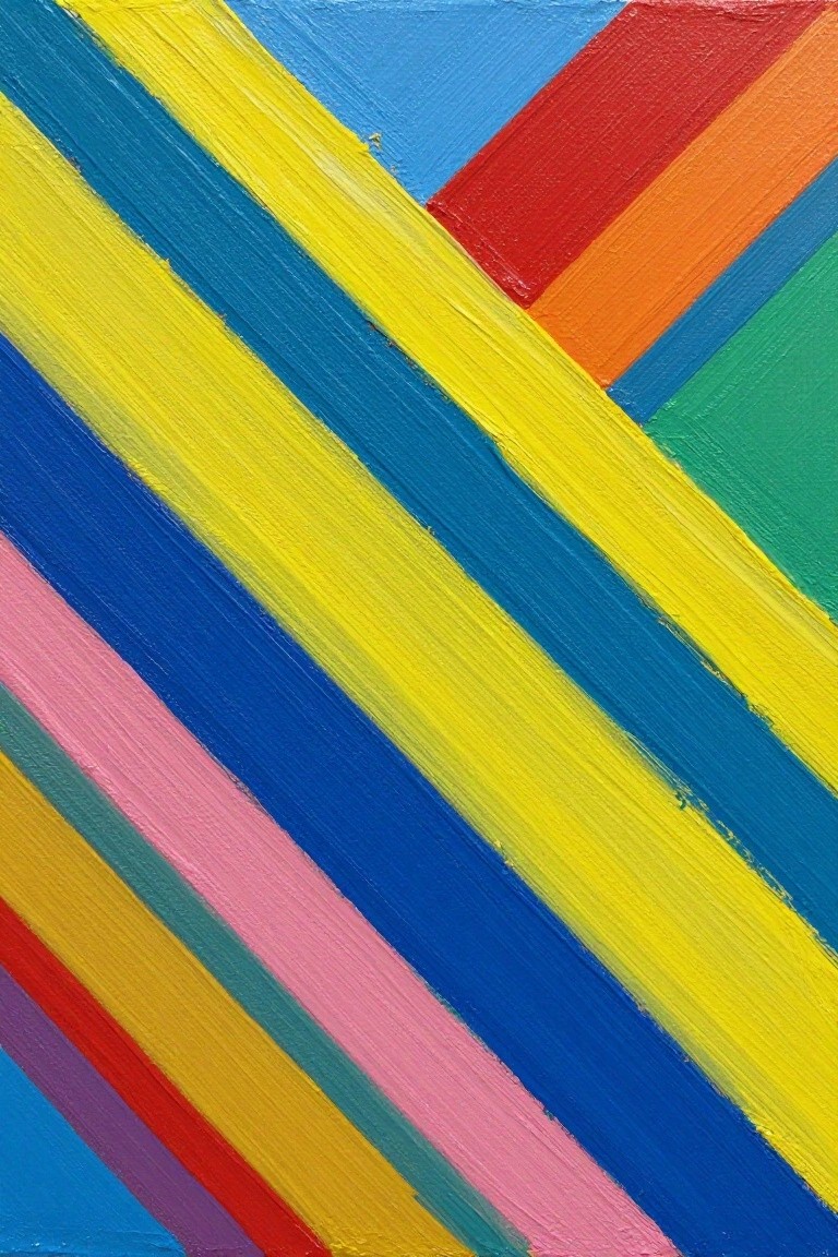 Abstract painting with bold diagonal stripes in vibrant multicolored hues