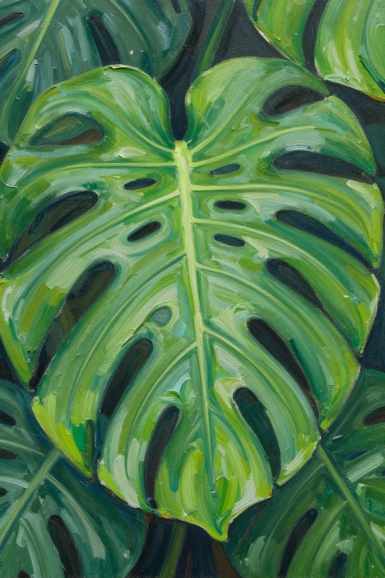 Textured oil painting of vibrant green Monstera leaves with holes and splits.