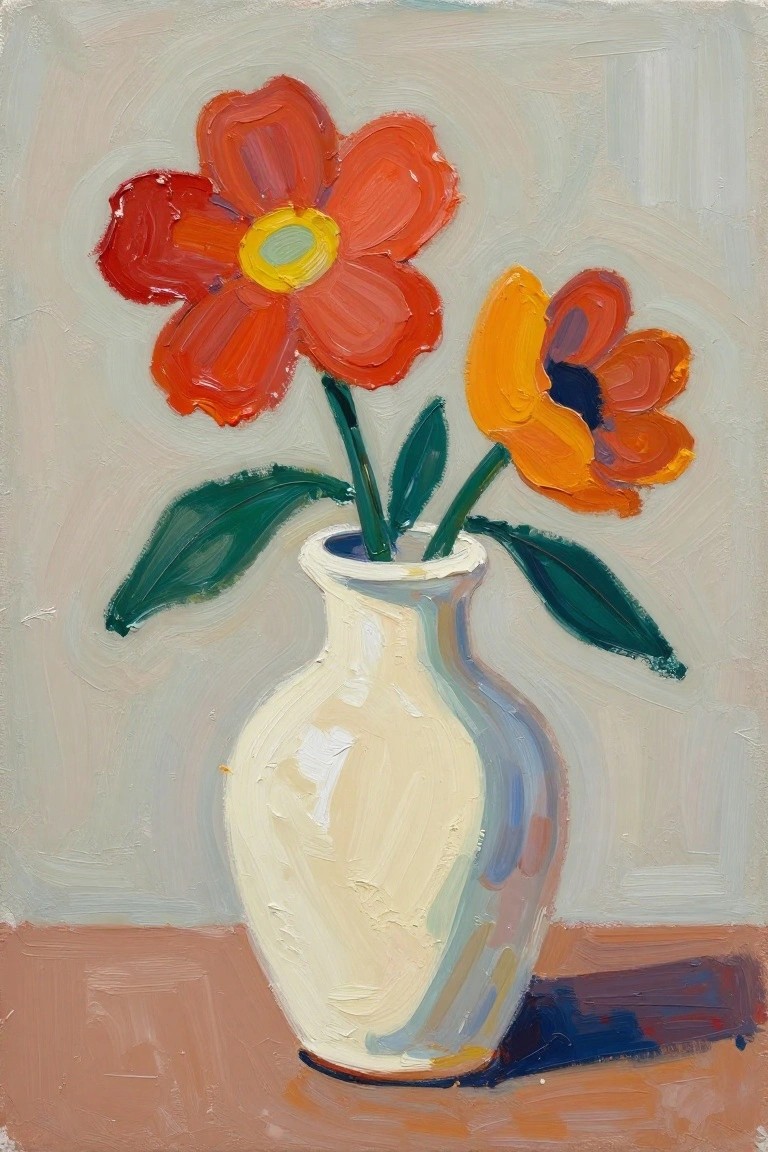 An acrylic painting of two flowers in a white vase on a brown surface.