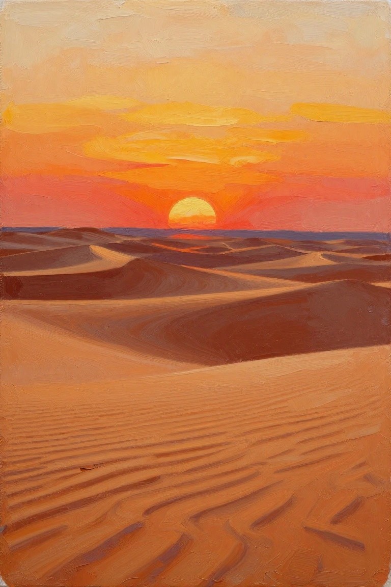 Oil painting of rippled desert dunes beneath a vibrant orange-red sunset.