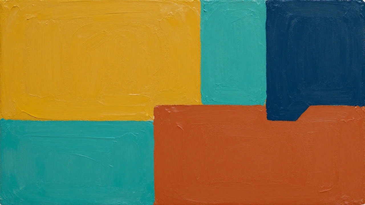 Abstract geometric painting of colorful rectangles in yellow, teal, navy, and orange