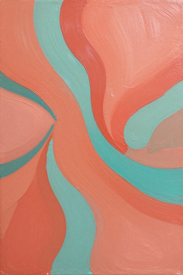 Abstract painting of flowing teal and coral waves with thick brushstrokes.