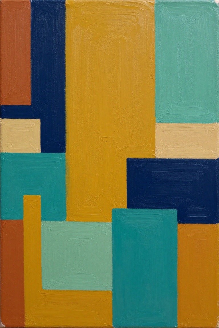 Abstract geometric painting of colorful rectangles in yellow, teal, navy, and orange