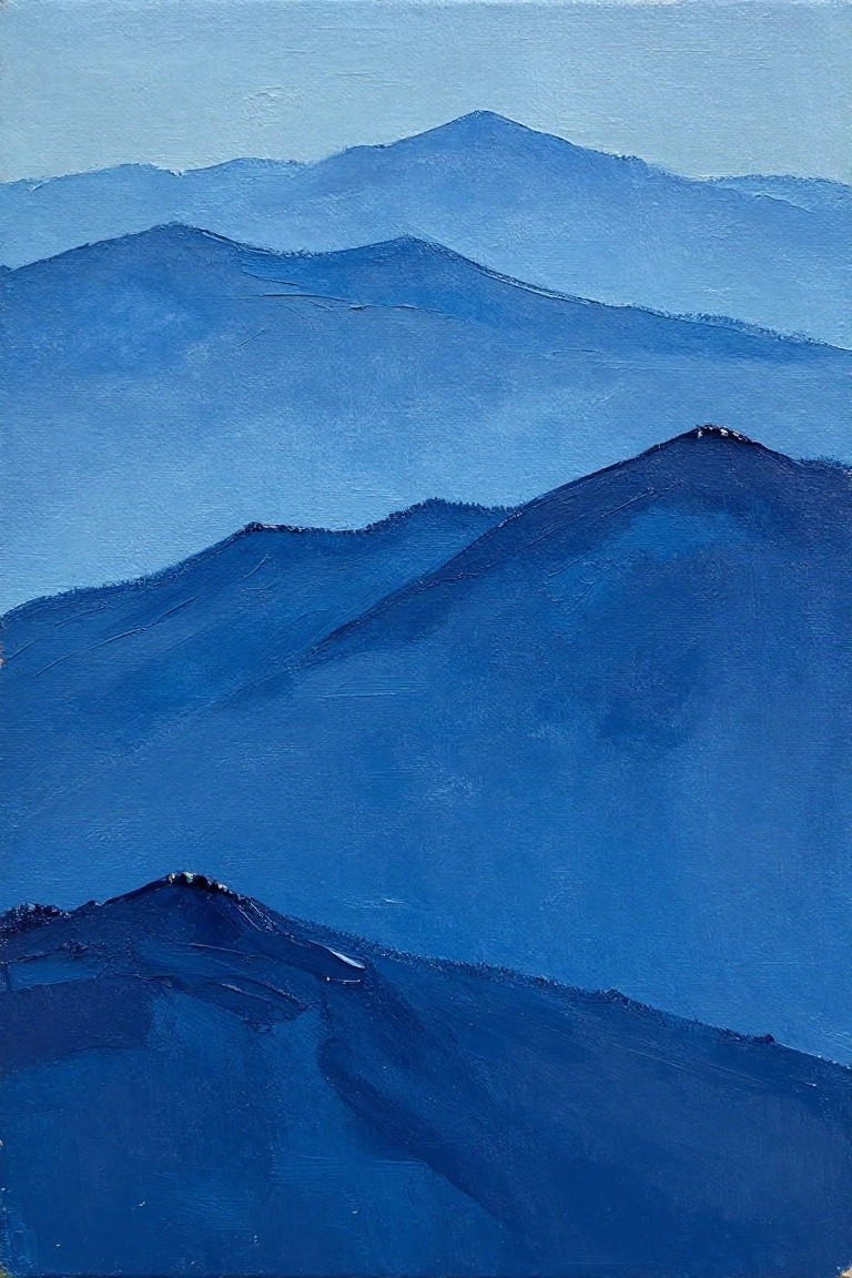 Layered blue mountain ranges fading into hazy distance with textured brushstrokes