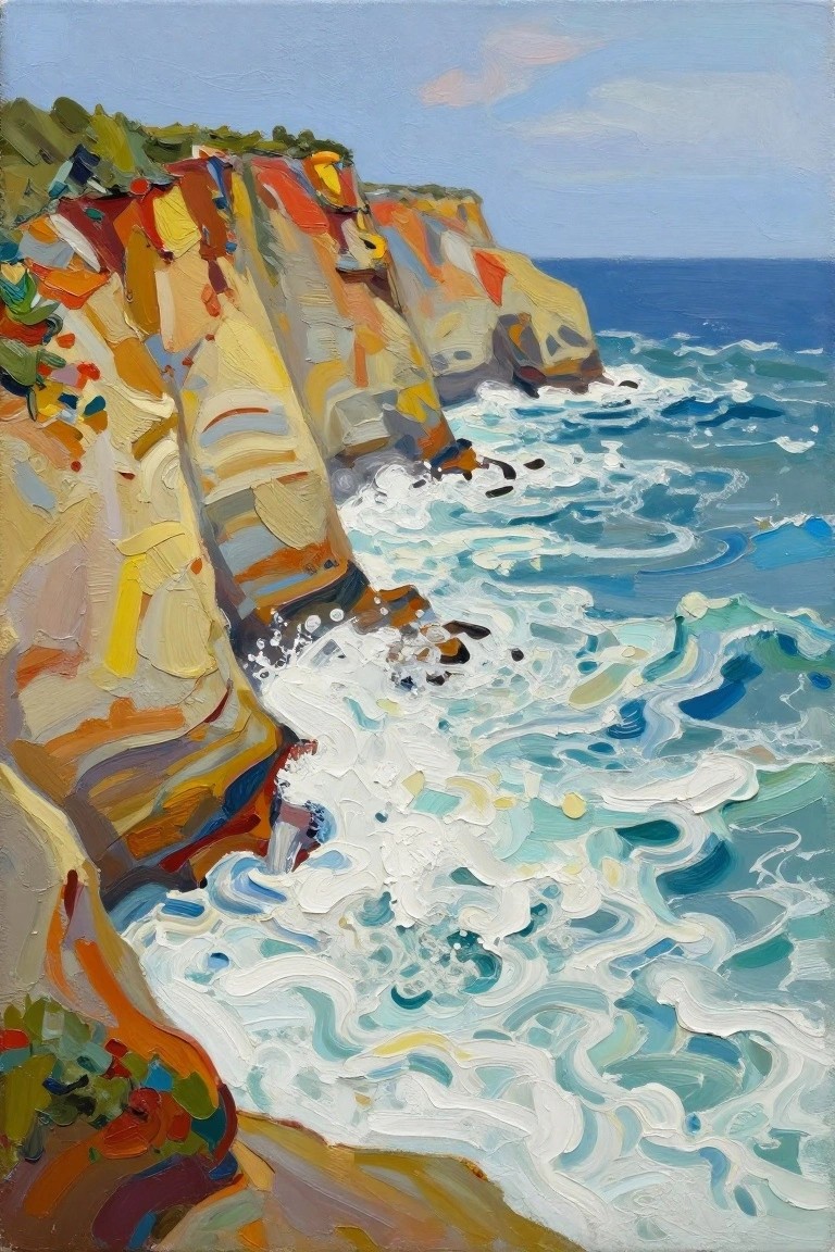 Expressive oil painting of colorful cliffs with foamy waves crashing on shore.