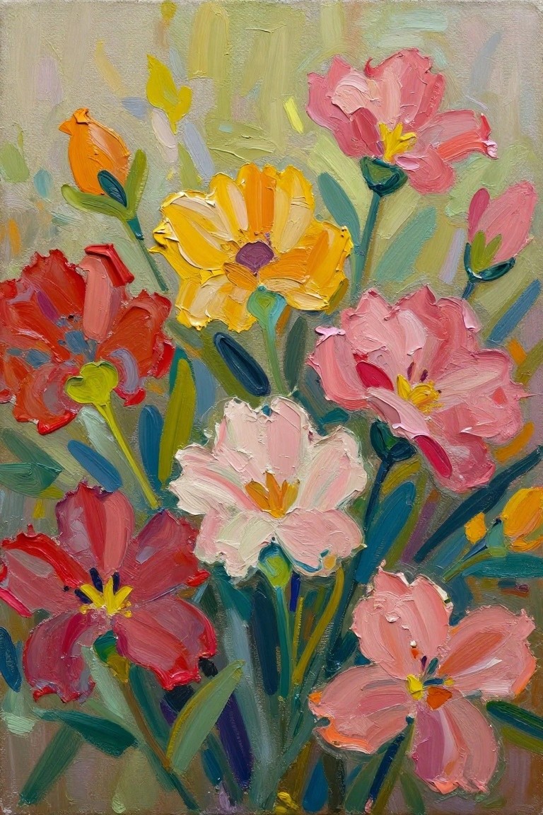 Vibrant oil painting of pink, red, yellow, and white flowers with green stems